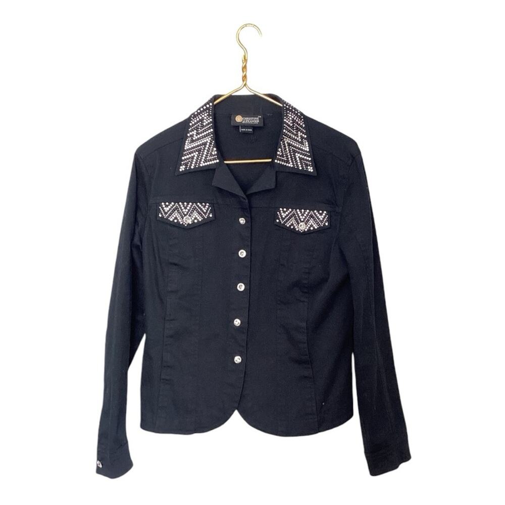 VTG Christine Alexander Black Swavorski Rhinestone Collar Denim Jacket Size M